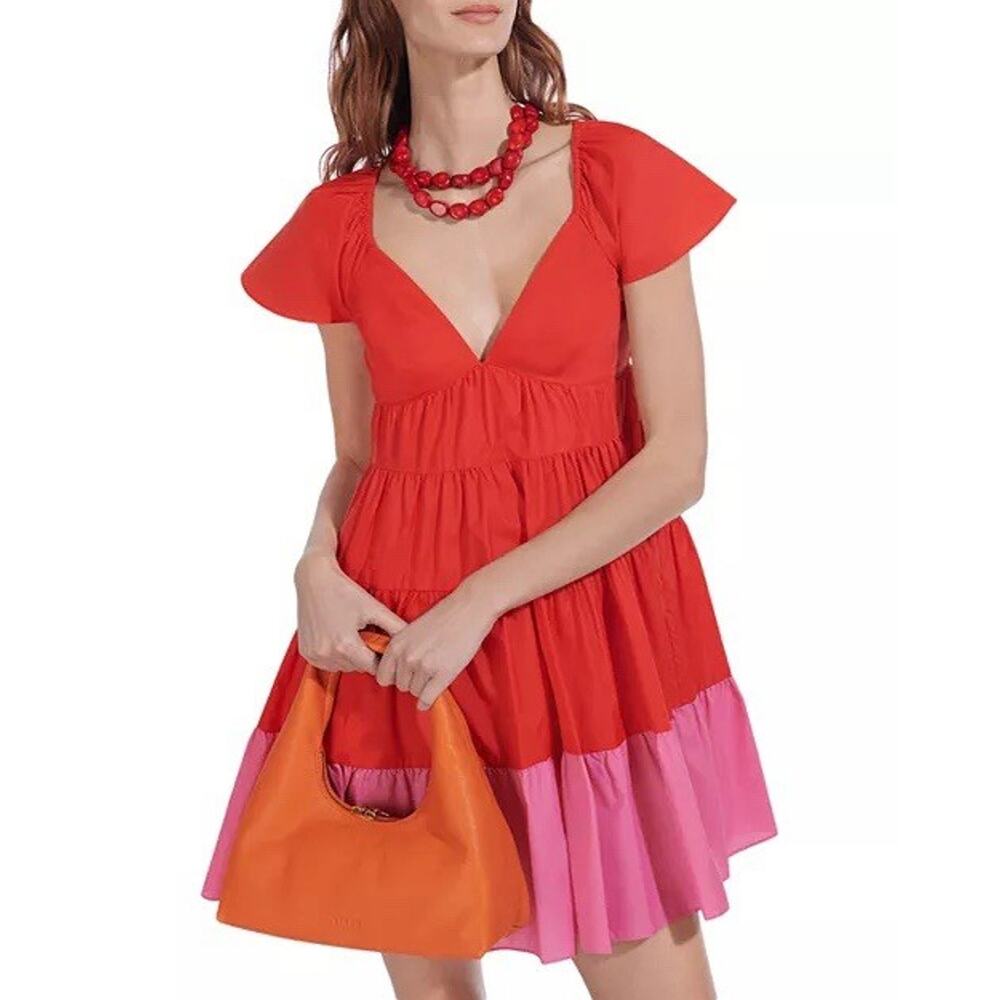 STAUD Red and Pink Colorblock Mini Dress
